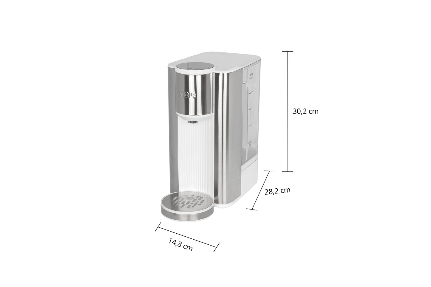 Der Unold Express Heißwasserbereiter Ava ist ein silber-weißer Heißwasserspender mit minimalistischem Design, Tropfschale und kompakter Größe: 30,2 cm hoch, 28,2 cm tief und 14,8 cm breit.