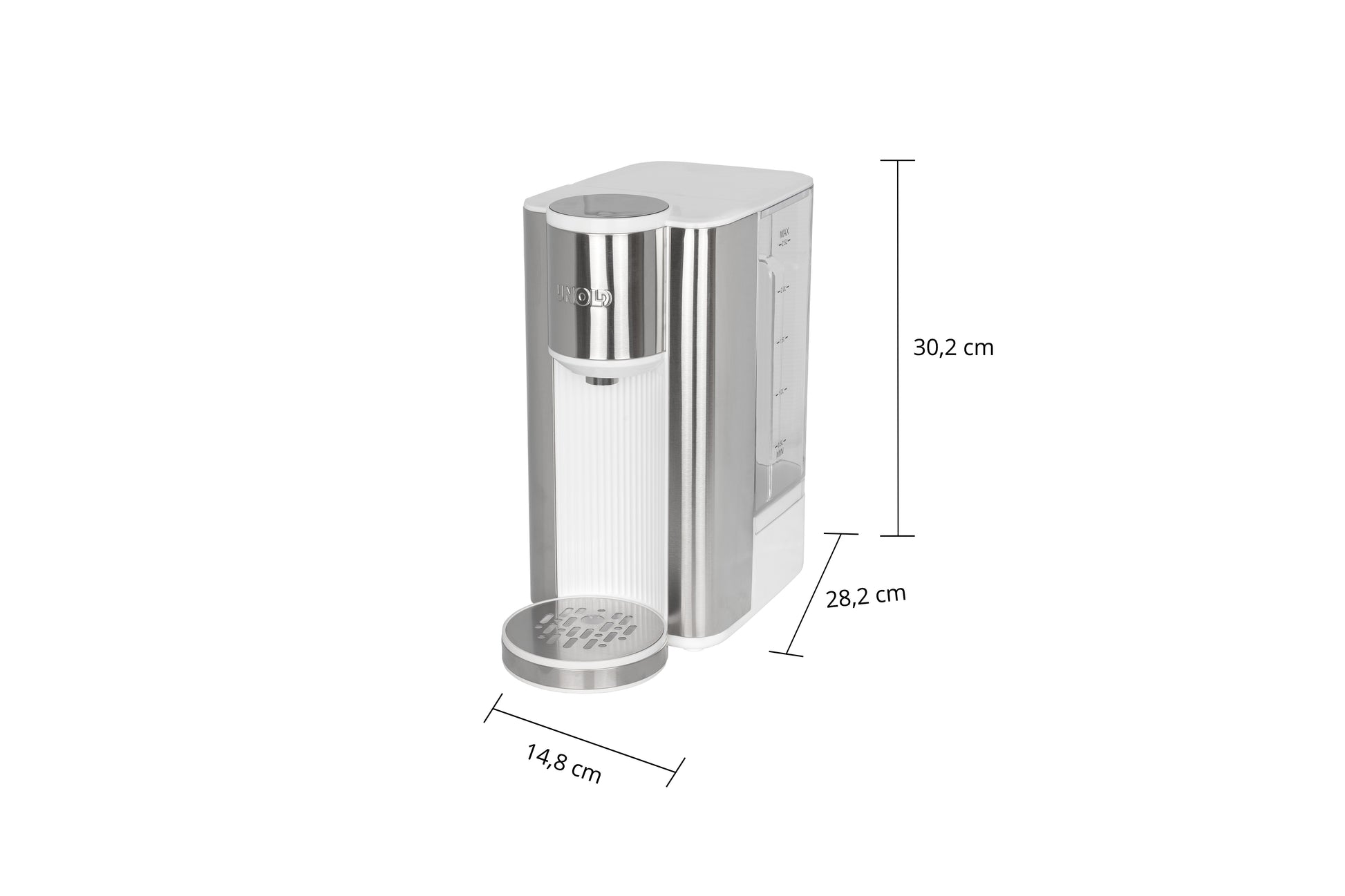 Der Unold Express Heißwasserbereiter Ava ist ein silber-weißer Heißwasserspender mit minimalistischem Design, Tropfschale und kompakter Größe: 30,2 cm hoch, 28,2 cm tief und 14,8 cm breit.