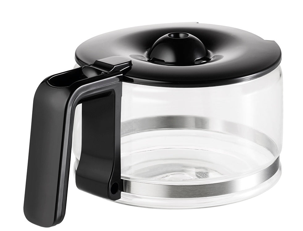 Eine Seitenansicht der „Glaskanne mit Deckel für Kaffeemaschine Aroma Star 28435“ von Unold AG – eine leere Kaffeekanne aus klarem Glas mit schwarzem Henkel und Deckel, vor weißem Hintergrund.
