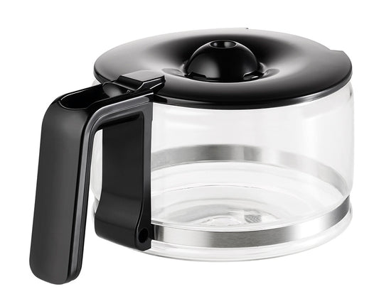 Eine Seitenansicht der „Glaskanne mit Deckel für Kaffeemaschine Aroma Star 28435“ von Unold AG – eine leere Kaffeekanne aus klarem Glas mit schwarzem Henkel und Deckel, vor weißem Hintergrund.