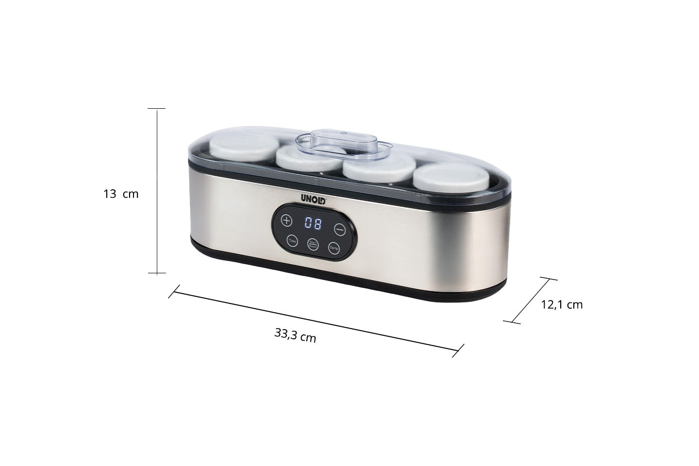 Der Unold Joghurtbereiter JOGI im Edelstahl-Design mit digitalem Display wird mit vier Behältern und einem transparenten Deckel geliefert und ist 33,3 cm breit, 13 cm hoch und 12,1 cm tief.