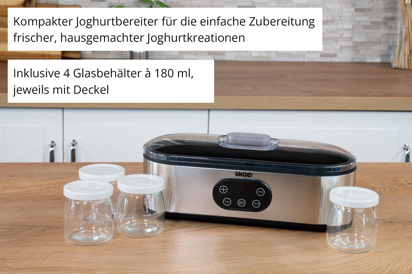Ein Unold-Joghurtbereiter JOGI mit schwarzem Deckel steht auf einer Küchenarbeitsplatte. Davor stehen vier leere Gläser mit weißen Deckeln. Ein deutscher Text beschreibt das Produkt und seine Eigenschaften.