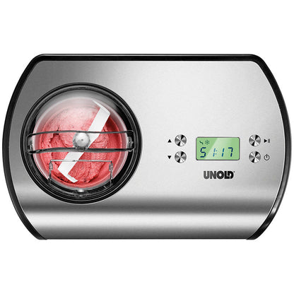 Eine Unold Eismaschine One inklusive Eisbuch 1,2 L in Silber verfügt über eine digitale Anzeige und Bedientasten und mischt rosa Eiscreme, die durch den transparenten Deckel auf der linken Seite sichtbar ist.