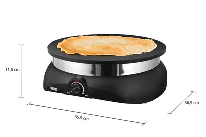 Der Unold Crêpesmaker Profi ist ein schwarzer elektrischer Crêpe-Maker mit Drehregler zur Temperaturregulierung. Er ist 11,6 cm hoch, 35,5 cm breit und 36,5 cm tief und wird mit einem fertigen Crêpe obenauf abgebildet.
