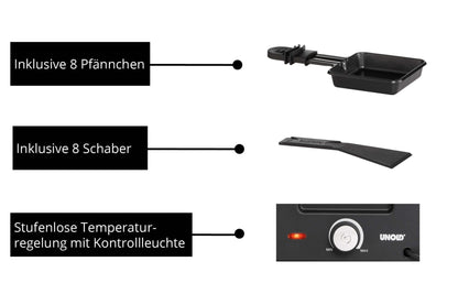 Das Produktbild des Unold Raclette Finesse Basic zeigt oben ein Pfännchen, darunter einen Schaber und unten den Drehregler mit Kontrollleuchte. Texte heben die 8 Pfännchen, 8 Schaber und die stufenlose Temperaturregelung hervor.