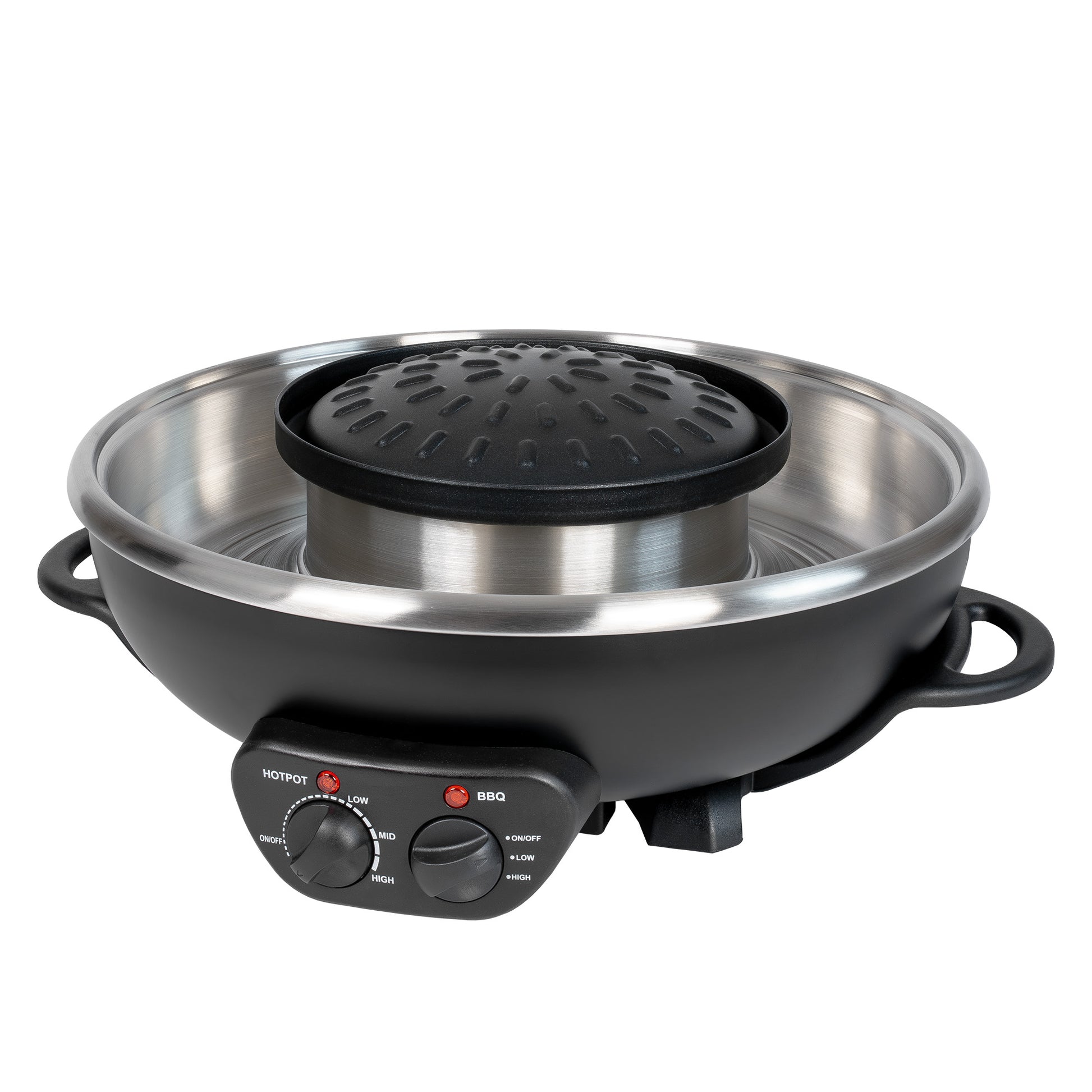 Der Unold Asia Fondue Hot Pot verfügt über eine runde Edelstahlpfanne, zwei schwarze Griffe, eine erhöhte Grillplatte in der Mitte sowie zwei Bedienknöpfe an der Vorderseite mit den Bezeichnungen „HOTPOT“ und „BBQ“.