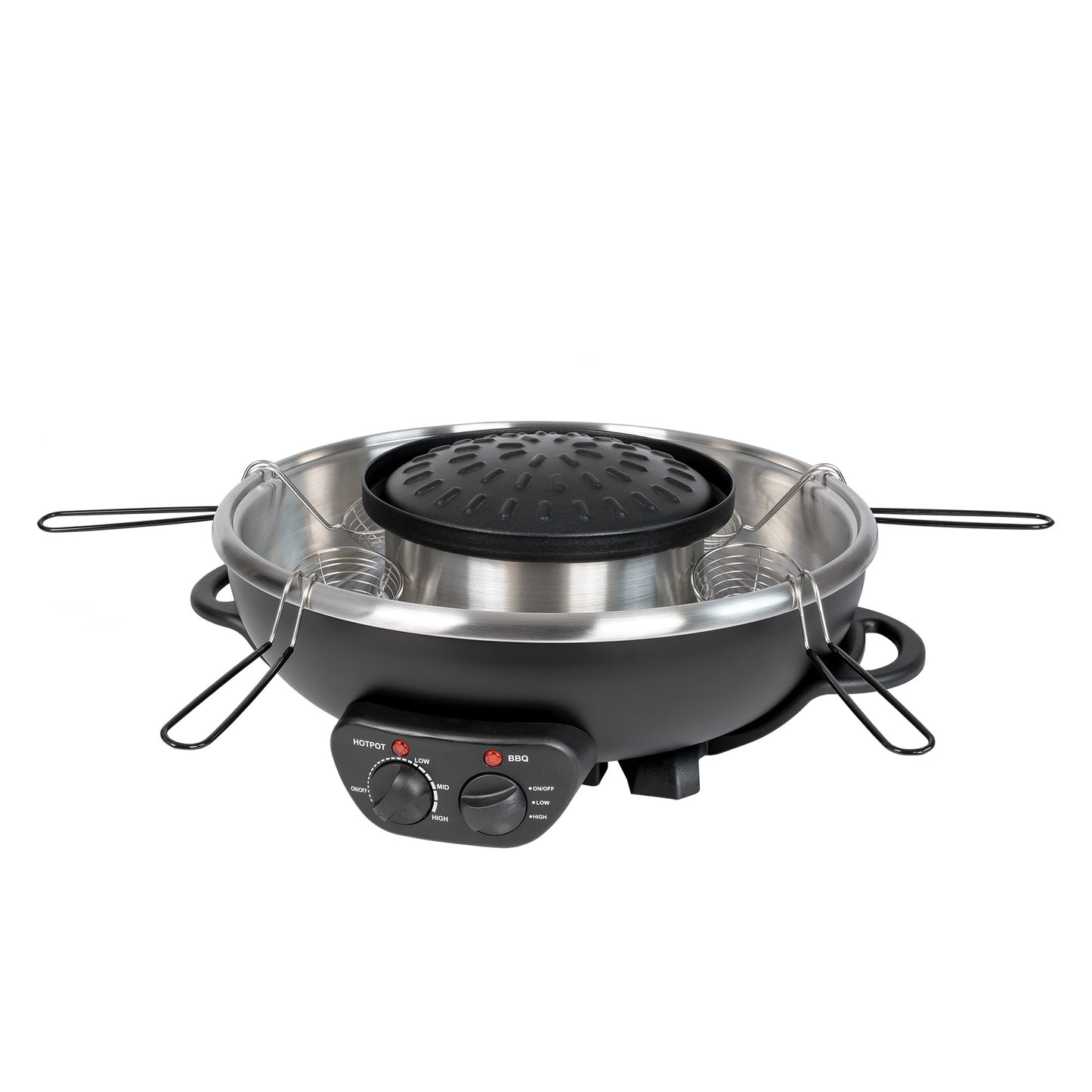 Der Unold Asia Fondue Hot Pot verfügt über ein rundes Gehäuse aus Stahl mit einem schwarzen Bedienfeld, Temperaturreglern und vier an den Seiten befestigten Metallspießen. Er ist mit Griffen für einen einfachen Transport sowie einer zentralen schwarzen Grillplatte ausgestattet.