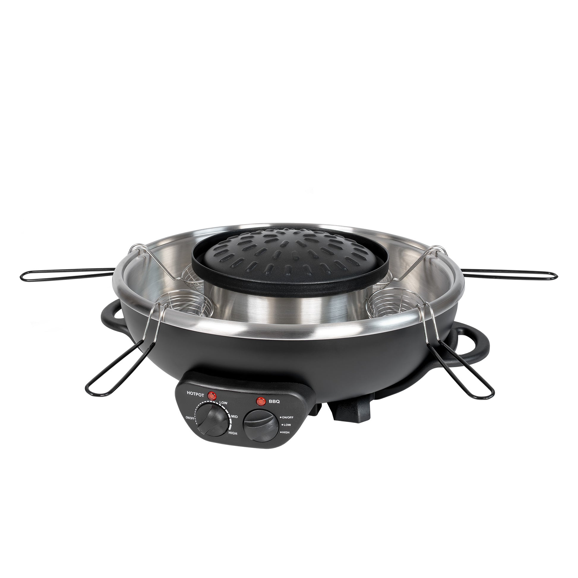 Der Unold Asia Fondue Hot Pot verfügt über ein rundes Gehäuse aus Stahl mit einem schwarzen Bedienfeld, Temperaturreglern und vier an den Seiten befestigten Metallspießen. Er ist mit Griffen für einen einfachen Transport sowie einer zentralen schwarzen Grillplatte ausgestattet.