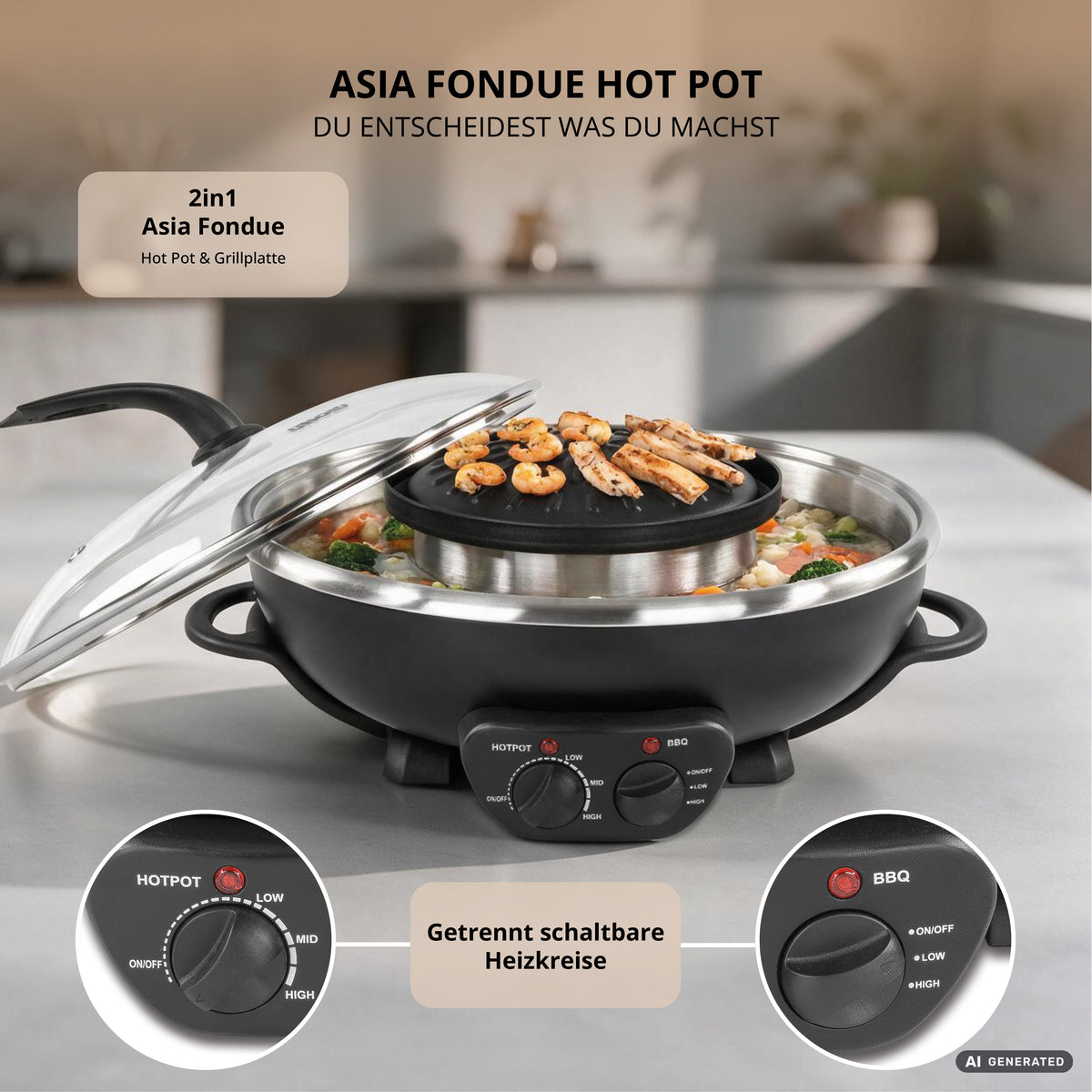 Ein schwarzer Unold 2-in-1 „Asia Fondue-Topf“ – „Asia Fondue Hot Pot“ mit integriertem Grill, auf dem Garnelen und Gemüse zubereitet werden. Das Gerät verfügt über separate Temperaturregler für den Hot Pot und den Grill. Ein deutscher Text hebt die wichtigsten Produktmerkmale hervor.
