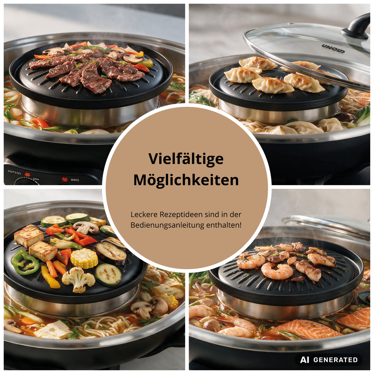 Vier Bilder des Unold Fondue-Topfes „zu Asia Fondue Hot Pot“, die seine Vielseitigkeit beim Garen von Rindfleisch, Teigtaschen, Gemüse und Garnelen in Brühe verdeutlichen. Ein deutscher Text in der Mitte hebt die vielfältigen Zubereitungsmöglichkeiten hervor und weist darauf hin, dass die Bedienungsanleitung Rezeptideen enthält.