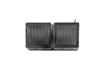 Eine Draufsicht auf den ausziehbaren Elektrogrill Raclette von Unold mit zwei schwarzen, rechteckigen, geriffelten Kochplatten nebeneinander auf weißem Hintergrund.