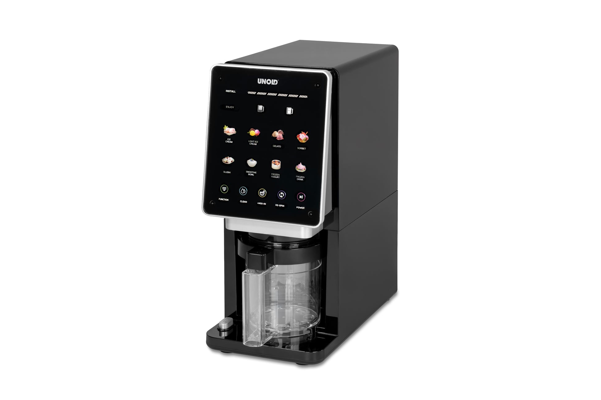 Die Unold AG Eismaschine Cream Dream hat ein elegantes schwarzes Design mit einem digitalen Touchscreen, der verschiedene Optionen anzeigt. Ein transparenter Behälter befindet sich unterhalb des Spenders auf dem Sockel der Maschine.