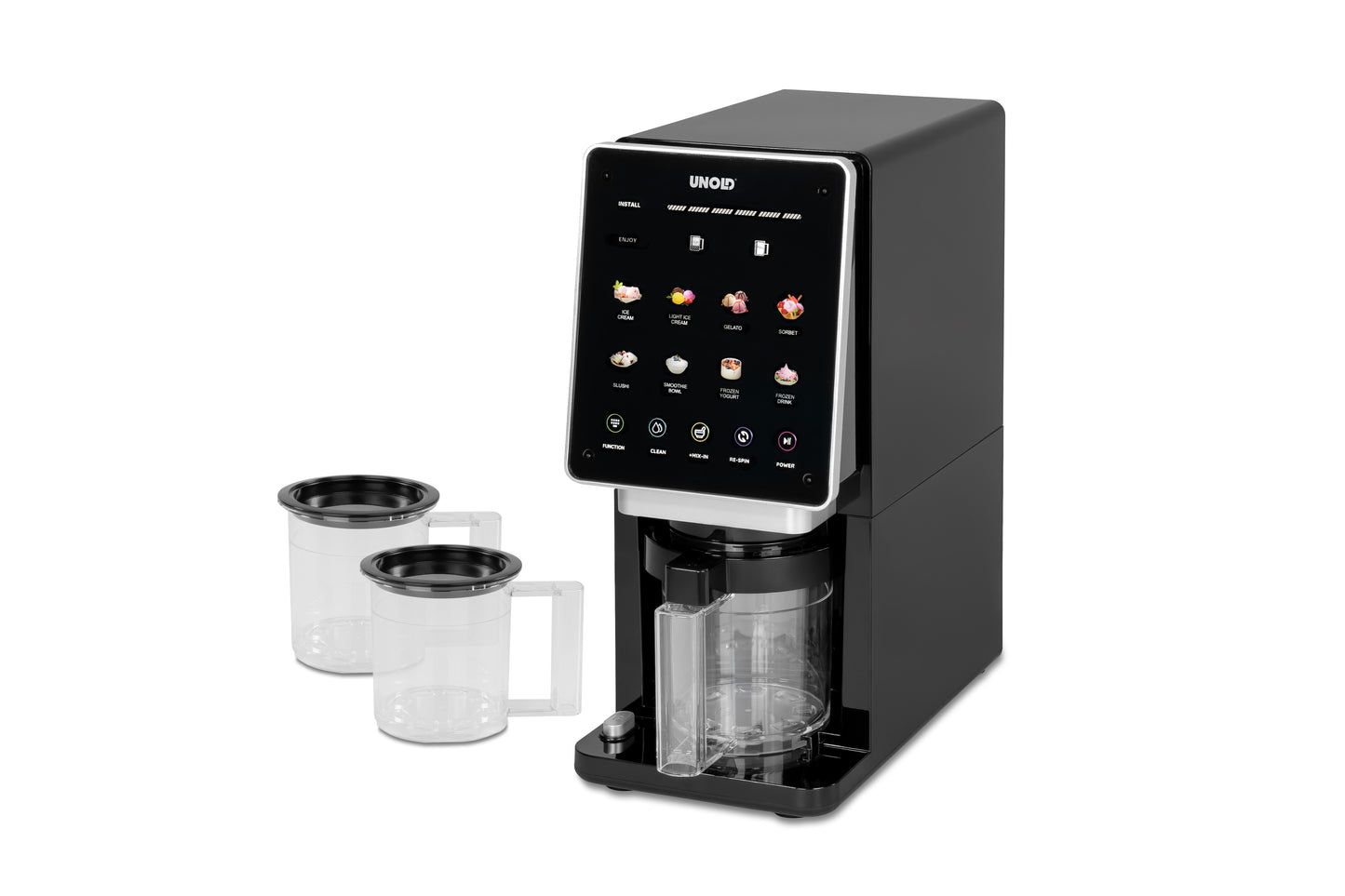Die Unold AG Eismaschine Cream Dream, eine elegante schwarze Eismaschine mit digitalem Touchscreen-Display, wird zusammen mit zwei transparenten Bechern mit schwarzen Rändern gezeigt.