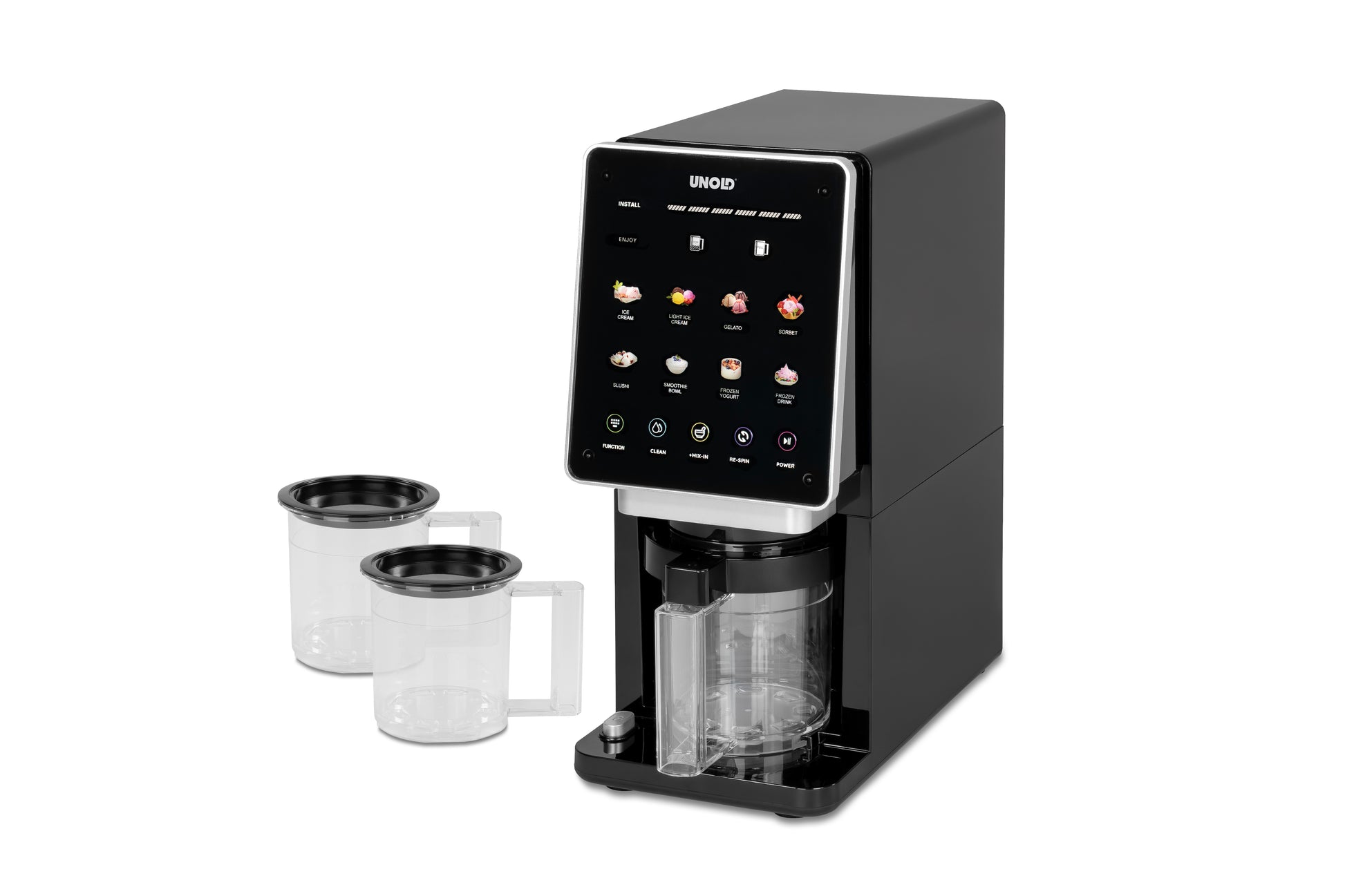 Die Unold AG Eismaschine Cream Dream, eine elegante schwarze Eismaschine mit digitalem Touchscreen-Display, wird zusammen mit zwei transparenten Bechern mit schwarzen Rändern gezeigt.