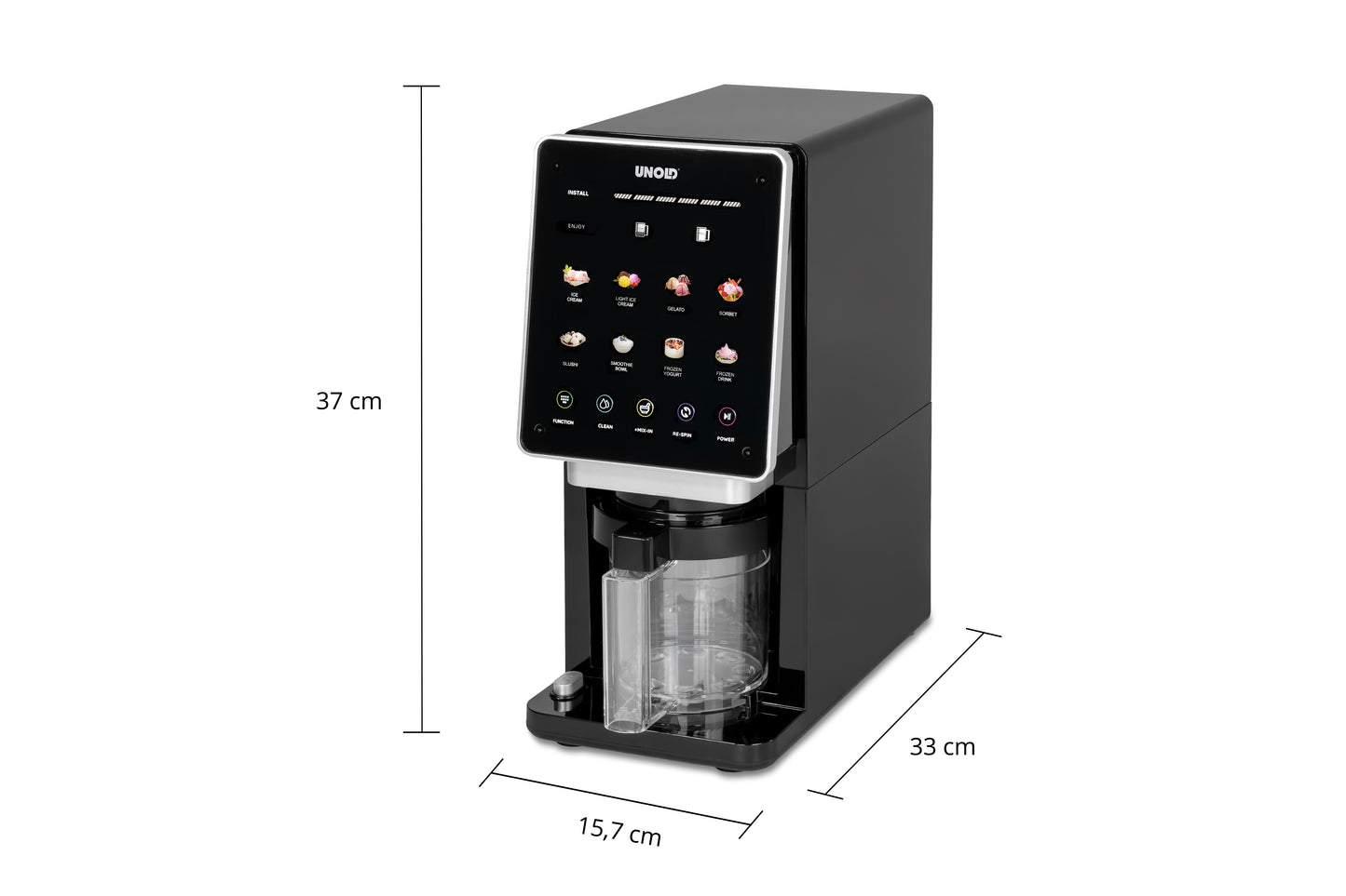Die Eismaschine Cream Dream der Unold AG ist eine kompakte schwarze Maschine mit einem Touchscreen mit Getränkesymbolen, einem durchsichtigen Behälter darunter und beschrifteten Maßen von 37 cm Höhe, 33 cm Tiefe und 15,7 cm Breite.