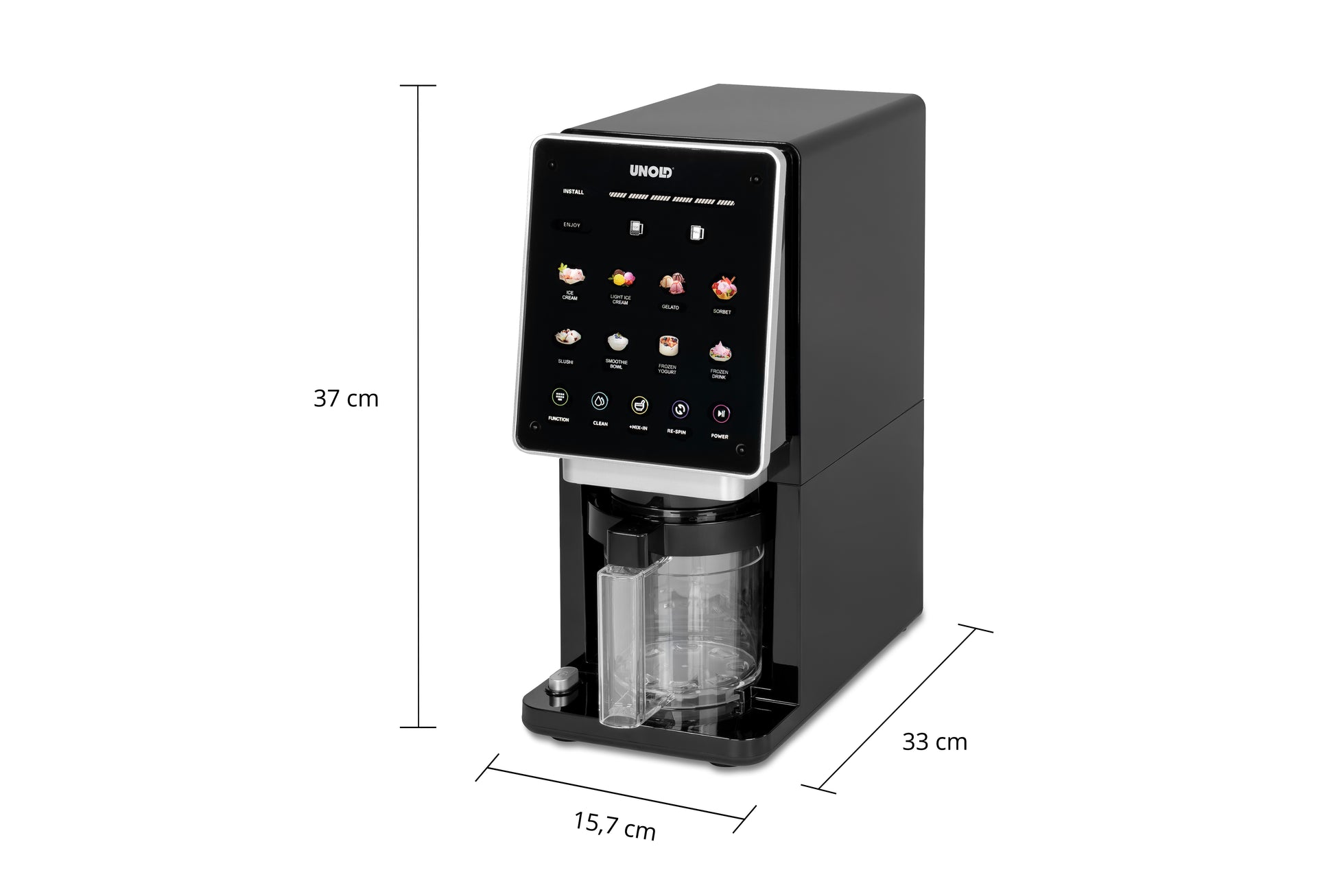 Die Eismaschine Cream Dream der Unold AG ist eine kompakte schwarze Maschine mit einem Touchscreen mit Getränkesymbolen, einem durchsichtigen Behälter darunter und beschrifteten Maßen von 37 cm Höhe, 33 cm Tiefe und 15,7 cm Breite.