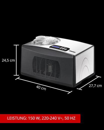 Die Unold Eismaschine Cortina inklusive Eisbuch 1,5L, ein silber-schwarzes Gerät mit Digitalanzeige, wird mit den Abmessungen: 24,5 cm (H) x 40 cm (B) x 27,7 cm (T), Leistung: 150 W, 220–240 V~, 50 Hz in einem roten Banner unten angezeigt.