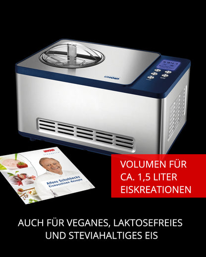 Die Unold Eismaschine Schuhbeck Exklusiv 1,5 L in Silber und Blau mit Digitalanzeige steht neben einem Rezeptheft. Deutscher Text hebt das 1,5-Liter-Fassungsvermögen und die Eignung für veganes, laktosefreies & Stevia-Eis hervor.