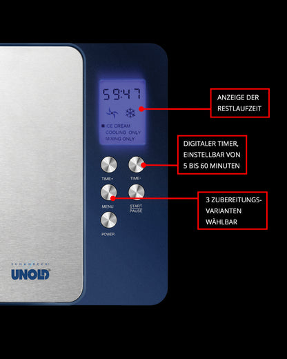 Nahaufnahme des Bedienfelds der Unold Eismaschine Schuhbeck Exklusiv 1,5 L mit Digitalanzeige (59:47) und Tasten. Rote deutsche Beschriftungen zeigen die verbleibende Zeit, den digitalen Timer (5–60 Min.) und 3 Zubereitungsmodi an.