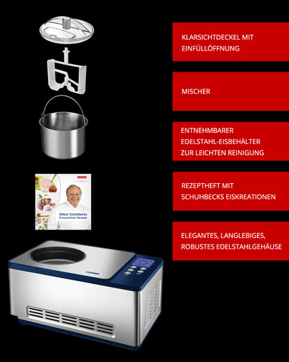 Die Explosionszeichnung der Unold Eismaschine Schuhbeck Exklusiv 1,5 L zeigt die auf Deutsch beschrifteten Teile: transparenter Deckel, Mixer, abnehmbarer Edelstahlbehälter, Rezeptheft und Hauptmaschine.