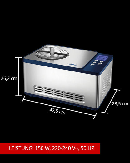 Die Unold Eismaschine Schuhbeck Exklusiv 1,5 L B-Ware ist in Silber und Blau mit transparentem Deckel auf schwarzem Grund abgebildet. Maße: 26,2 cm (H), 42,5 cm (B), 28,5 cm (T). Leistung: 150 W, 220–240 V~, 50 Hz.