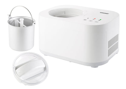 Die Unold Eismaschine Snow inklusive Eisbuch 1L ist eine weiße elektrische Eismaschine mit einer abnehmbaren Rührschüssel aus Metall, einem Rührpaddel und einem durchsichtigen Kunststoffdeckel, abgebildet auf weißem Hintergrund.