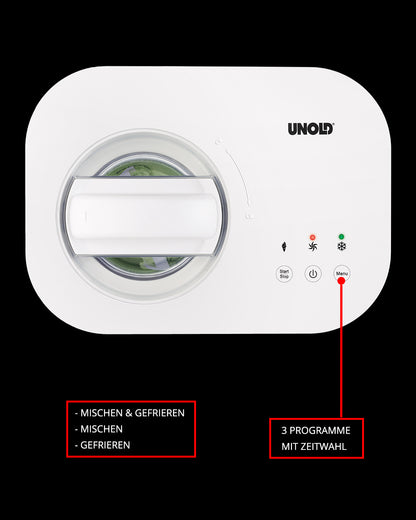 Draufsicht der Unold Eismaschine Snow 1 L in Weiß mit einem runden transparenten Deckel, der das darin enthaltene Essen zeigt, drei Bediensymbolen und Textfeldern, die die drei Programme hervorheben: Mixen & Einfrieren, nur Mixen und nur Einfrieren.