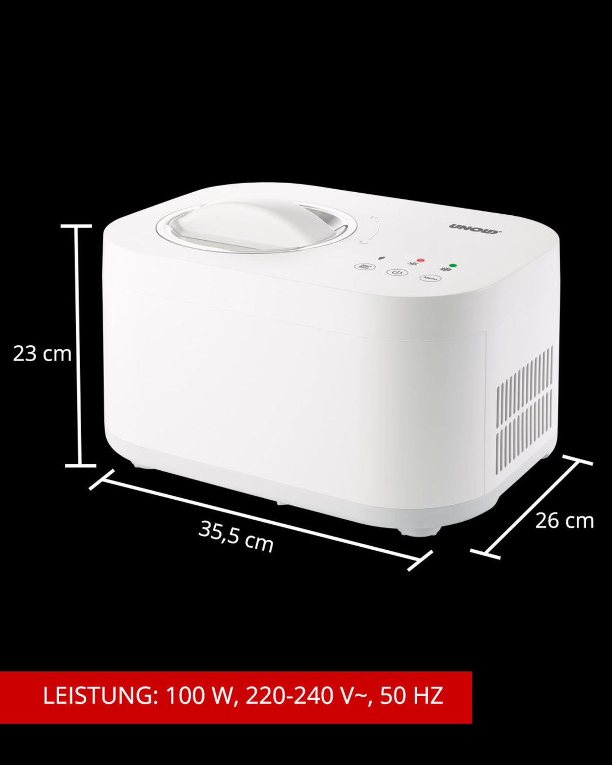 Das Bild zeigt eine weiße Unold Eismaschine Snow 1 L (23 cm hoch, 35,5 cm breit, 26 cm tief) mit den Leistungsdaten: 100 W, 220–240 V~, 50 Hz. Der Hintergrund ist schwarz.