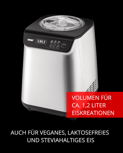 Die Unold Eismaschine Uno 1,2 L ist eine silber-schwarze Eismaschine mit Digitalanzeige und Tasten. Ein rotes Etikett weist auf „VOLUMEN FÜR CA. 1,2 LITER EISKREATIONEN“ hin. Geeignet für vegane, laktosefreie und mit Stevia gesüßte Rezepte.