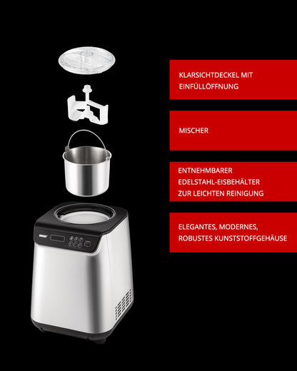 Explosionszeichnung der Unold Eismaschine Uno 1,2 L mit transparentem Deckel, Mixmesser, abnehmbarem Eisbehälter aus Edelstahl und robustem Kunststoffgehäuse mit deutschen Etiketten für jedes Teil.