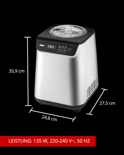 Die Unold Eismaschine Uno 1,2 L ist eine silber-schwarze Eismaschine mit Digitalanzeige und Bedientasten. Sie misst 35,9 cm (H) x 27,5 cm (T) x 24,8 cm (B) und arbeitet mit 135 W, 220–240 V, 50 Hz.