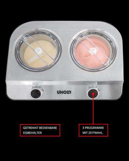 Die Unold EISMASCHINE Doppio 2,4 L verfügt über zwei separat steuerbare Behälter zur gleichzeitigen Herstellung von Vanille- und Erdbeereis, drei programmierbare Modi und Timereinstellungen für perfekte Ergebnisse.
