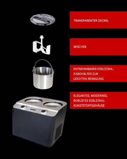 Die Explosionsdarstellung der Unold EISMASCHINE Doppio 2,4 L Eismaschine zeigt einen transparenten Deckel, einen Mixer, einen abnehmbaren Edelstahlbehälter und das schwarz-silberne Hauptgerät. Die Merkmale sind in Deutsch mit roten Kästen hervorgehoben.