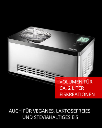 Auf schwarzem Grund ist die Unold Eismaschine Gusto 2 L abgebildet, eine Edelstahl-Eismaschine mit transparentem Deckel und Digitalanzeige. Sie verfügt über ein Fassungsvermögen von 2 Litern und eignet sich ideal für veganes, laktosefreies und mit Stevia gesüßtes Eis.