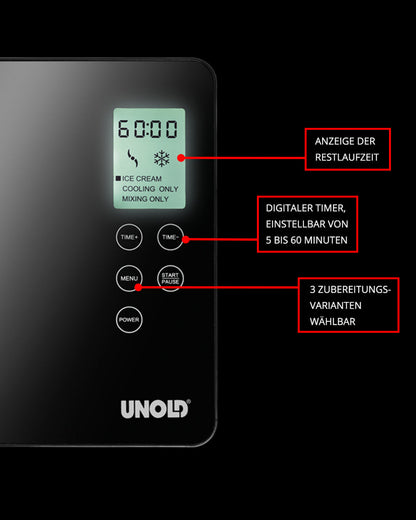 Anzeigefeld der Unold Eismaschine Gusto 2 L mit 60:00 Minuten Anzeige, beschrifteten Tasten und roter Markierung für die verbleibende Zeit, einstellbarem Digitaltimer (5–60 Minuten) und 3 wählbaren Zubereitungsmodi.