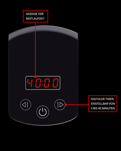 Die Unold Eismaschine Gelato inklusive Eisbuch 1,5 L verfügt über einen schwarzen Digitaltimer mit roter LED-Anzeige (zeigt 40:00) und drei Touch-Tasten – linker Pfeil, Power und rechter Pfeil. Rote Beschriftungen zeigen Timer (einstellbar von 5–45 Minuten) und Restlaufzeit an.