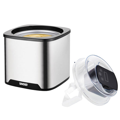 Die Unold Eismaschine Gelato inklusive Eisbuch 1,5 L verfügt über ein Edelstahlgehäuse, einen transparenten, abnehmbaren Deckel mit Digitalanzeige und eine mit Eis gefüllte Schüssel. Der Markenname Unold ist auf der Vorderseite sichtbar.