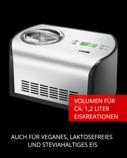 Die Unold Eismaschine One 1,2 L ist eine silberne Eismaschine mit Digitalanzeige und transparentem Deckel. Text auf dem Bild: Volumen für ca. 1,2 Liter Eiskreationen; Auch für veganes, laktosefreies und steviahaltiges Eis.