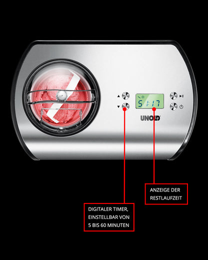 Eine silberne Unold Eismaschine One 1,2 L verfügt über eine sichtbare Digitalanzeige mit roter Mischung im Inneren; rote Etiketten zeigen den einstellbaren digitalen Timer (5-60 Minuten) und den Countdown.
