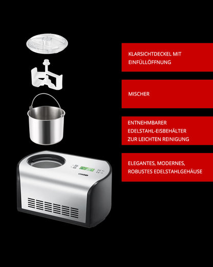 Explosionszeichnung der Unold Eismaschine One inklusive Eisbuch 1,2 L: transparenter Deckel, Mixer, abnehmbarer 1,2L Edelstahlbehälter, Edelstahlgehäuse mit Digitalanzeige. Beschriftung in deutscher Sprache.