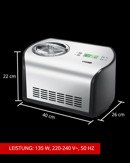 Die Unold Eismaschine One inklusive Eisbuch 1,2 L, eine silber-schwarze Eismaschine mit digitaler Steuerung, ist auf schwarzem Hintergrund abgebildet. Pfeile zeigen ihre Größe an: 40 × 26 × 22 cm. Die Leistungsangaben unten lauten: 135 W, 220–240 V~, 50 Hz.