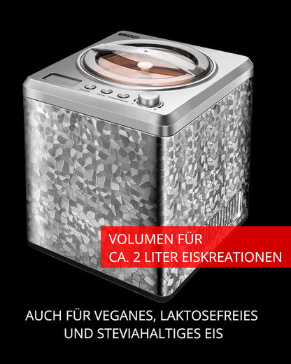Eine silberne Unold Eismaschine Profi inklusive Eisbuch 2L mit Mosaikmuster, Draufsicht auf den Deckel. Text: „Volumen für ca. 2 Liter Eiskreationen. Auch für veganes, laktosefreies und steviahaltiges Eis.