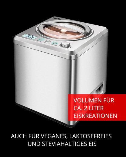 Die Unold Eismaschine Exklusiv 2 L in Silber verfügt über ein digitales Display und einen transparenten Deckel. Geeignet für ca. 2 Liter Eis, darunter auch vegane, laktosefreie und mit Stevia gesüßte Sorten.