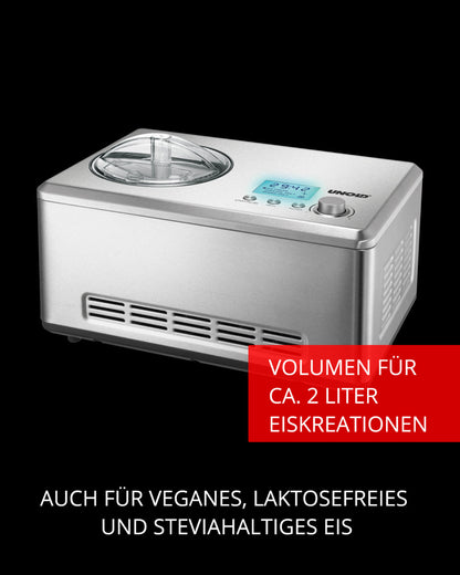 Die Unold Eismaschine Nobile 2.0L, abgebildet in Silber mit transparentem Deckel und Digitalanzeige auf schwarzem Hintergrund, eignet sich ideal für veganes, laktosefreies und mit Stevia gesüßtes Eis. Inklusive Rezeptbuch.