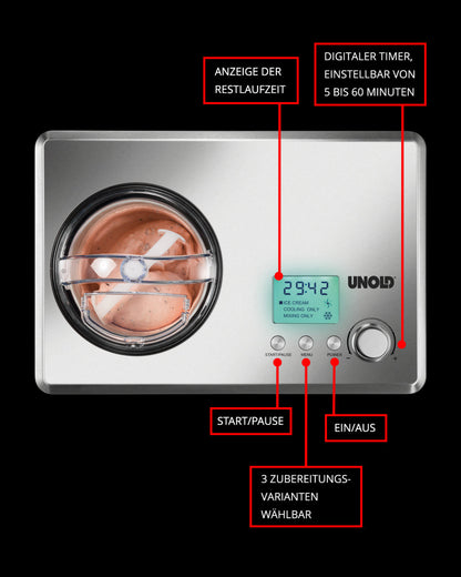 Draufsicht der Unold Eismaschine Nobile inklusive Eisbuch 2,0 L. Edelstahl-Design mit Digitalanzeige und beschrifteten Tasten für Timer, Einstellungen, Start/Pause und Ein/Aus. Der Mixbehälter fasst die braune Eismischung. Marke: Unold.