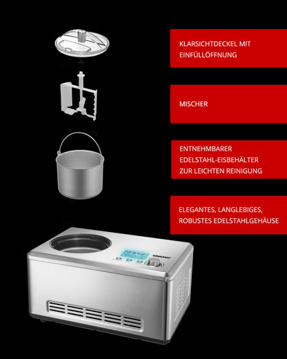 Explosionszeichnung der Unold Eismaschine Nobile inklusive Eisbuch 2,0 L von Unold mit silbernem Gehäuse, transparentem Deckel, Mixer, herausnehmbarem Edelstahl-Eisbehälter – alles in deutscher Sprache mit Ausstattungsbeschreibung.