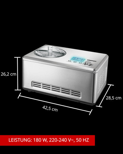 Die Unold Eismaschine Nobile inklusive Eisbuch 2,0 L ist eine silberne Eismaschine mit LCD-Display und Tasten. Maße: 42,5 × 28,5 × 26,2 cm. Leistung: 180 W, 220–240 V~, 50 Hz. Marke: Unold.