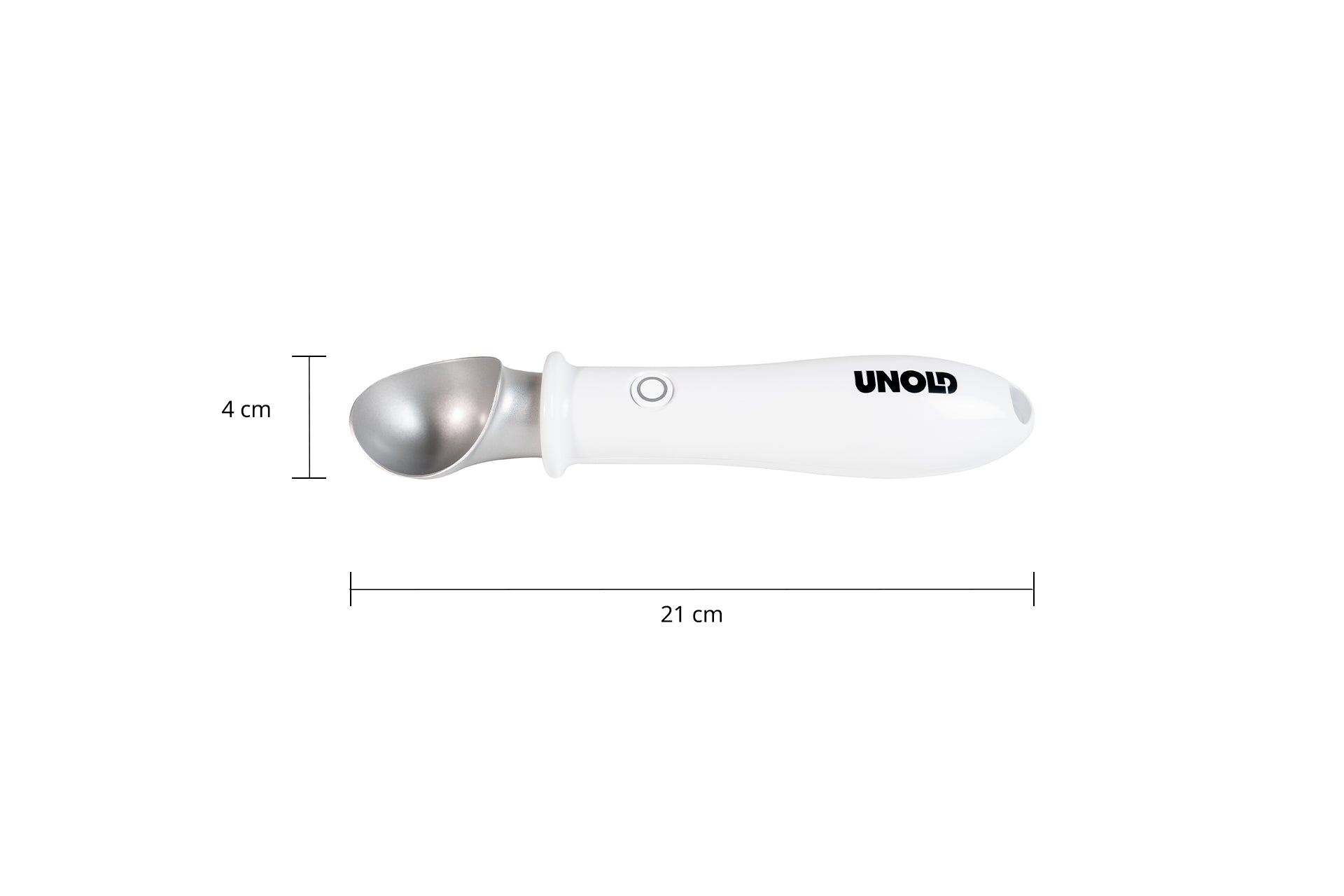 Der Beheizte Eisportionierer Carlo von Unold ist ein weißer elektrischer Eisportionierer mit Metallkopf, 21 cm lang und 4 cm breit. Das Produkt ist auf weißem Hintergrund mit Maßangaben abgebildet.