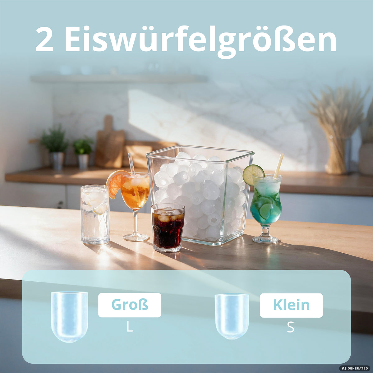 Auf einer Küchenarbeitsplatte stehen Getränke und ein durchsichtiger Behälter mit Eiskugeln, die mit dem Unold Eiswürfelbereiter Erik hergestellt wurden. Die Abbildungen unten zeigen zwei beschriftete Eiswürfelgrößen – „Groß“ und „Klein“.