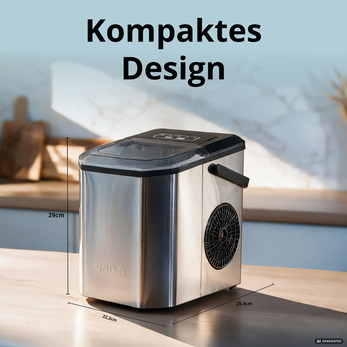 Der Unold-Eiswürfelbereiter „Erik“, ein kompakter Eiswürfelbereiter aus Edelstahl mit aufgedruckten Abmessungen, steht auf einer Küchenarbeitsplatte. Über dem Gerät ist der deutsche Ausdruck „Kompaktes Design“ zu lesen.